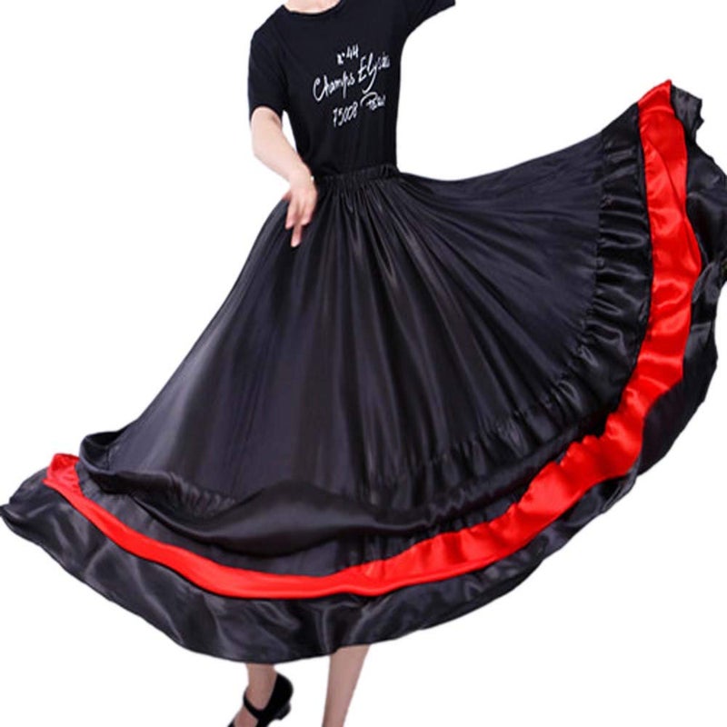BACKGARDEN Women Black Red Layers Satin Long Skirt for Spanish Flamenco Belly Dance Mexico Ballet Folklorico Performance - Image 2